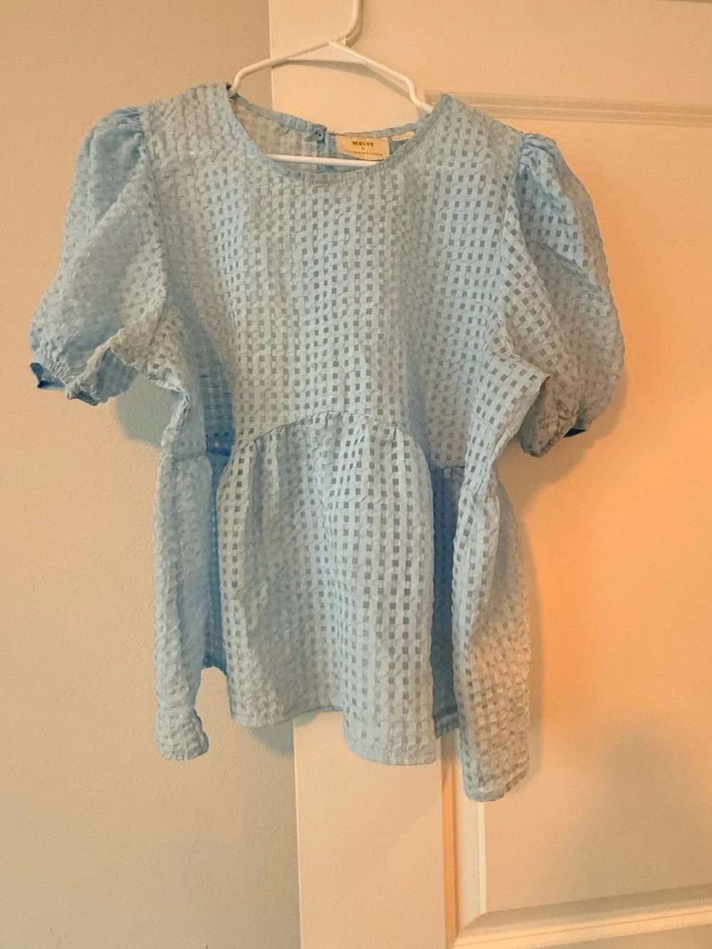 Anthropologie Maeve Light Blue Checkered Peplum Top - Picture 3 of 7
